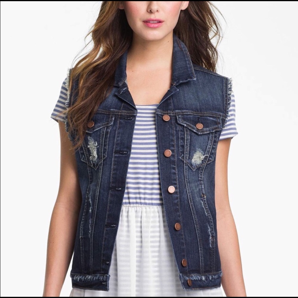 KFTK Vest S Denim Blue Jean Distressed Frayed